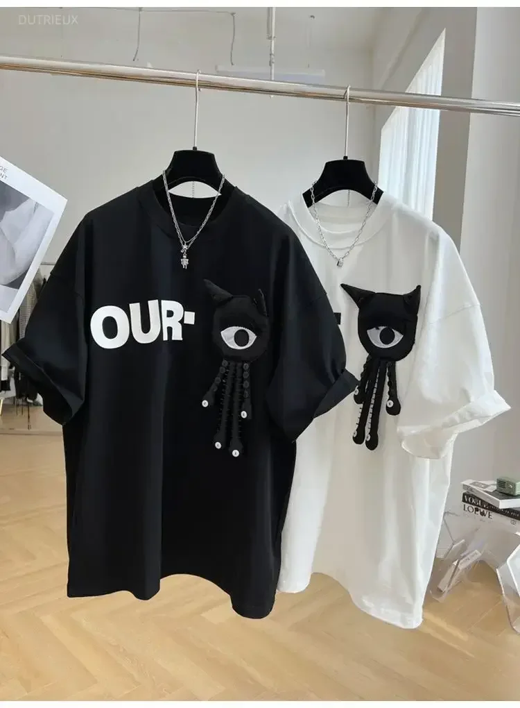 White T Shirts Women Clothing 2026 Oversized Tops Cartoon Letter Casual Camisetas O-neck Short Sleeve Tees Fashion Summer Tshirt