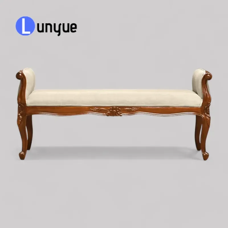 French Victorian Antique Carved Mahogany Bench Upholstered Fabric Bedside Stool for Home Porch Restaurant Warehouse School