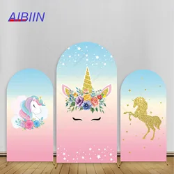 Unicorn Birthday Arch Cover Backdrop Flowers Gold Glitter Horse Baby Shower Party Decor Cake Girl Portrait Blue Pink Background