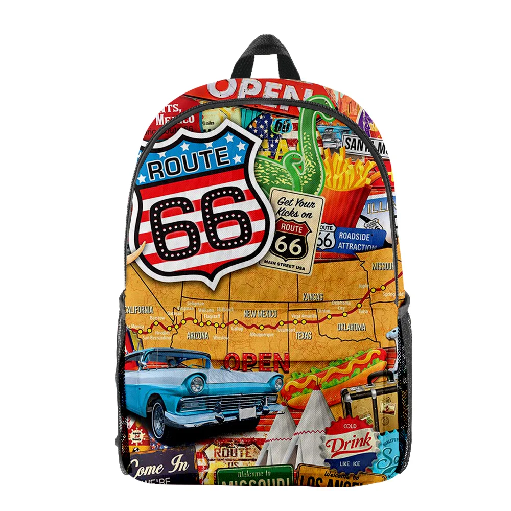 Classic Novelty Funny Route 66 pupil Bookbag Notebook Backpacks 3D Print Oxford Waterproof Boys/Girls Casual Travel Backpacks