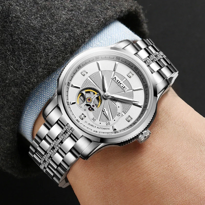MIGE Original MIYOTA Men's Watches Mechanical Automatic Watch Waterproof Luxury Luminous Skeleton Wristwatch Stainless Steel