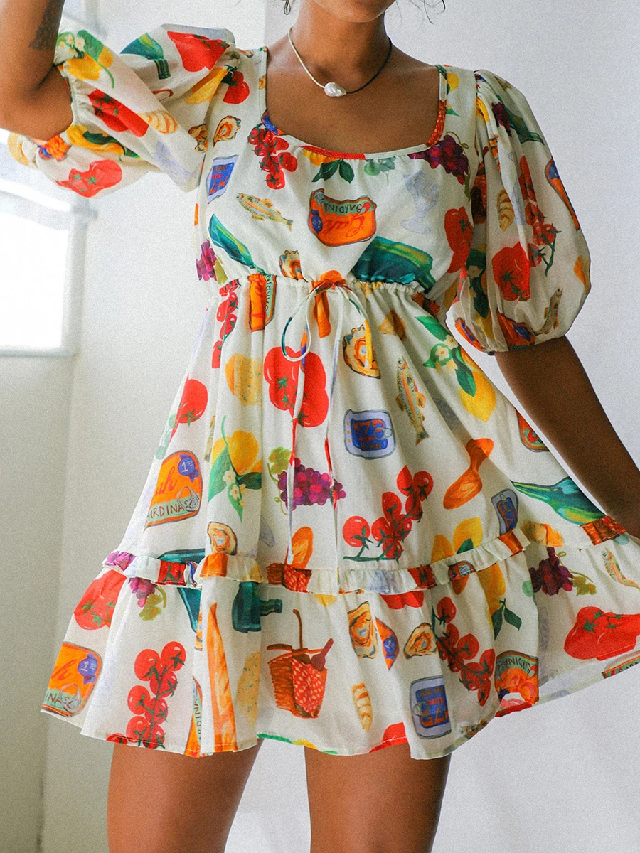 Womens Ruffle Puff Mini Dress Y2k Fruit Print Short Sleeve U-Neck Sundress Boho Summer Beach Dress Cozy Nightgown