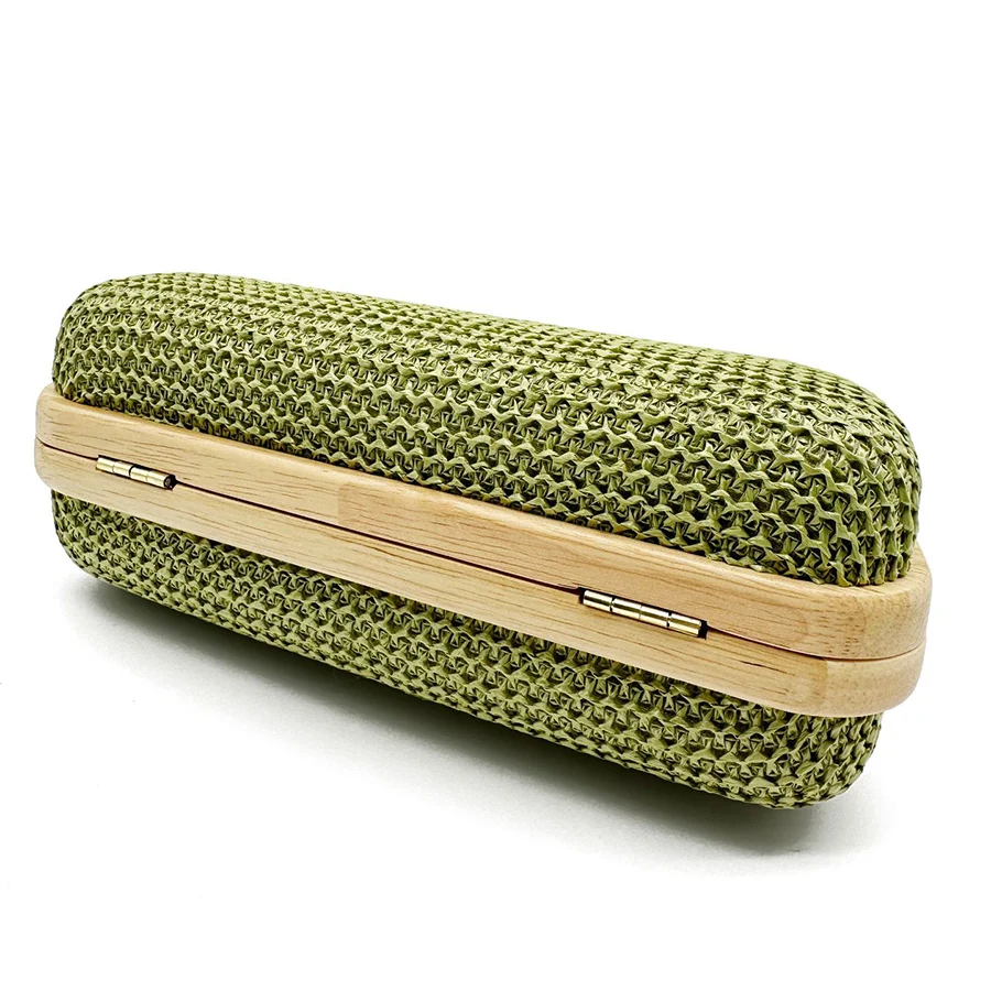 Summer Crescent Straw Woven Clutch Bag Female Wooden Handle Clip Handbags Travel Beach Shopper Purses Tote Chains Shoulder Bag