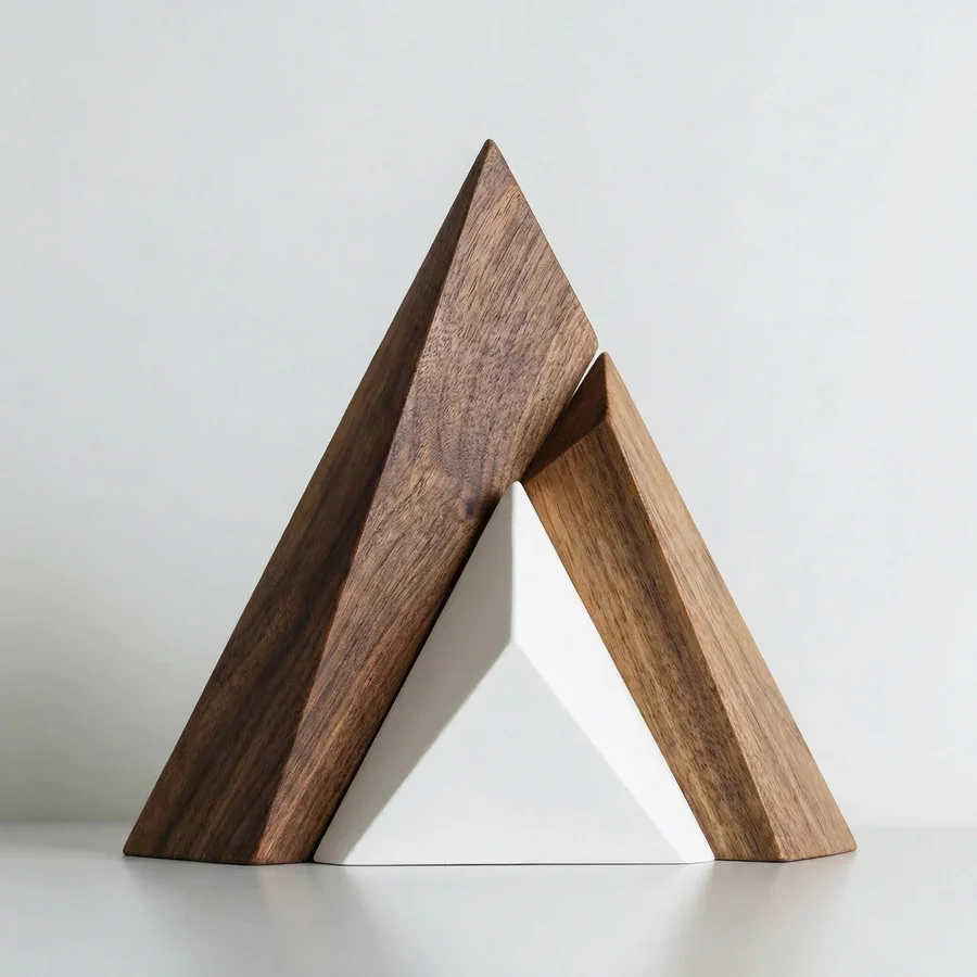 Geometric Triangle Mountain Wooden Sculpture Engraved Handmade Custom Color Blocking Design Tabletop Decor Coffee Table Shelf