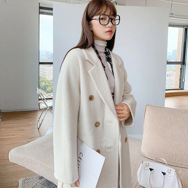 

Suli Cashmere Sweater Women's Long Season Thickened New Double Breasted Suli Camel Wool Jacket