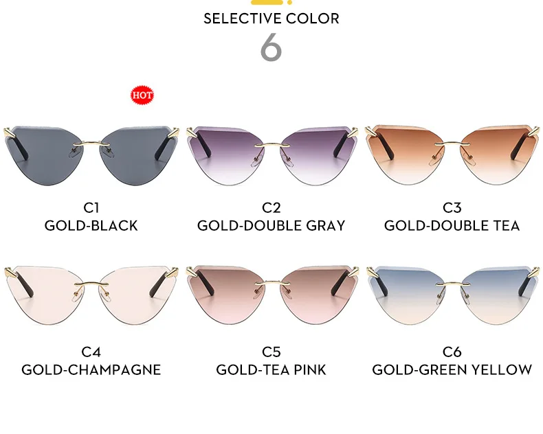Katzenaugen Randlose Sonnenbrille Damen 2026 Luxusmarke Designer Trendige Metall Rahmenlose Sonnenbrillen für Damen Vintage Eyewear UV400 – Detail 11