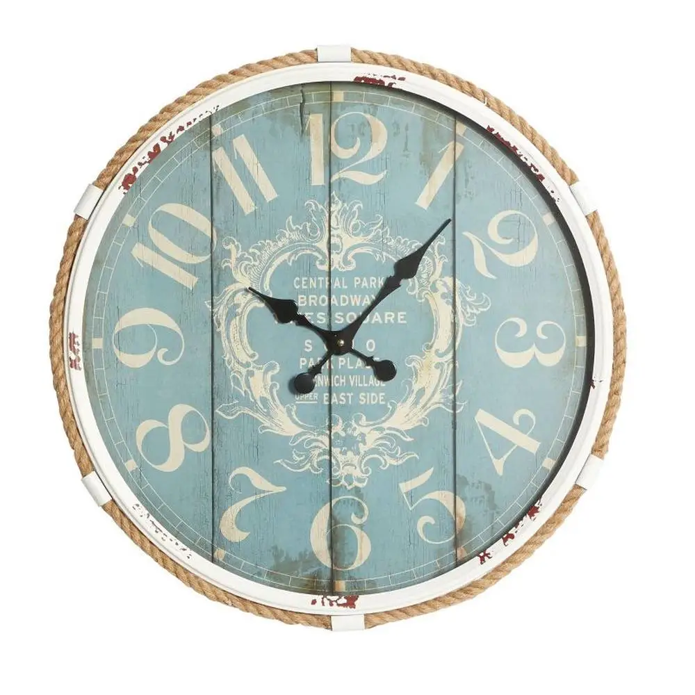 

Coastal Style Distressed Metal Wall Clock with Rope Accents 25" Round Analog Living Room Home Decor White Blue Iron Glass