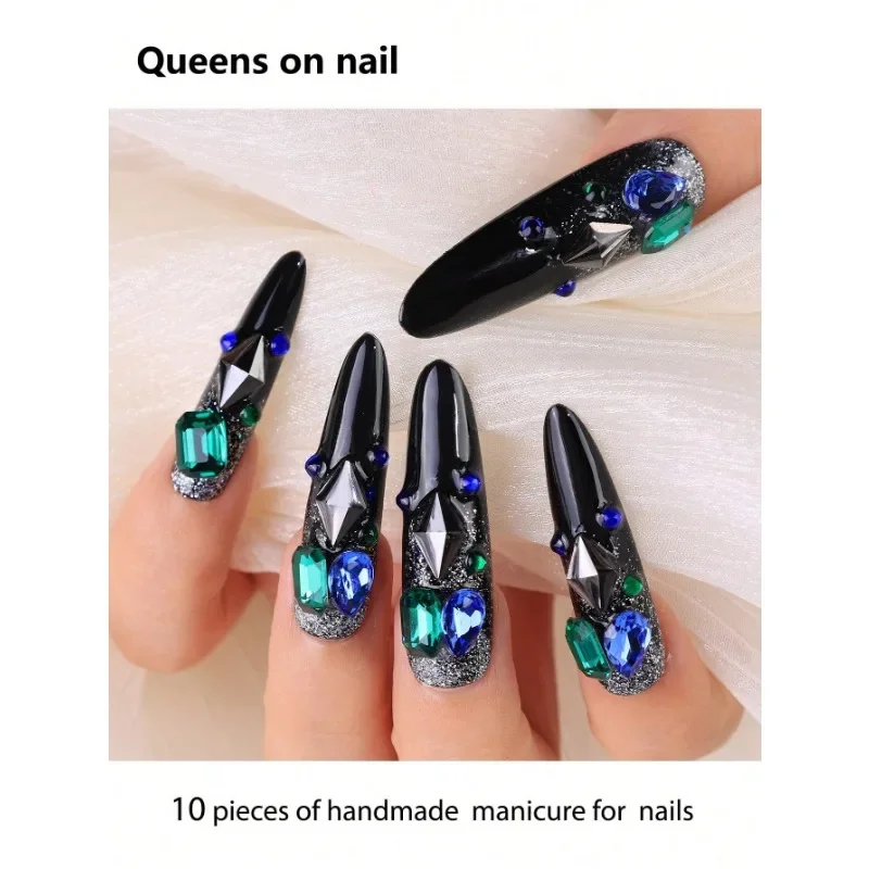 

10 Pieces Handmade press on Nails Extra Long Almond Shaped Hand-Wearing Armor Y2K/Sfumato/Super Sparkling Diamonds