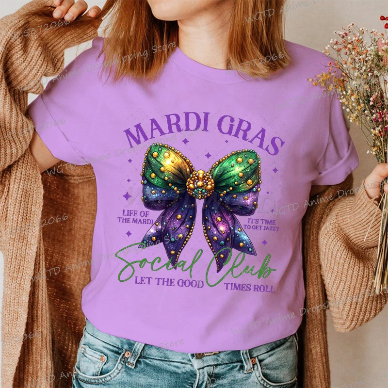 Mardi Gras Social Club Women's Clothing Vintage Bow Mardi Gras Shirt Short Sleeve Mardi Gras Glitter Streetwear Retro Tshirt