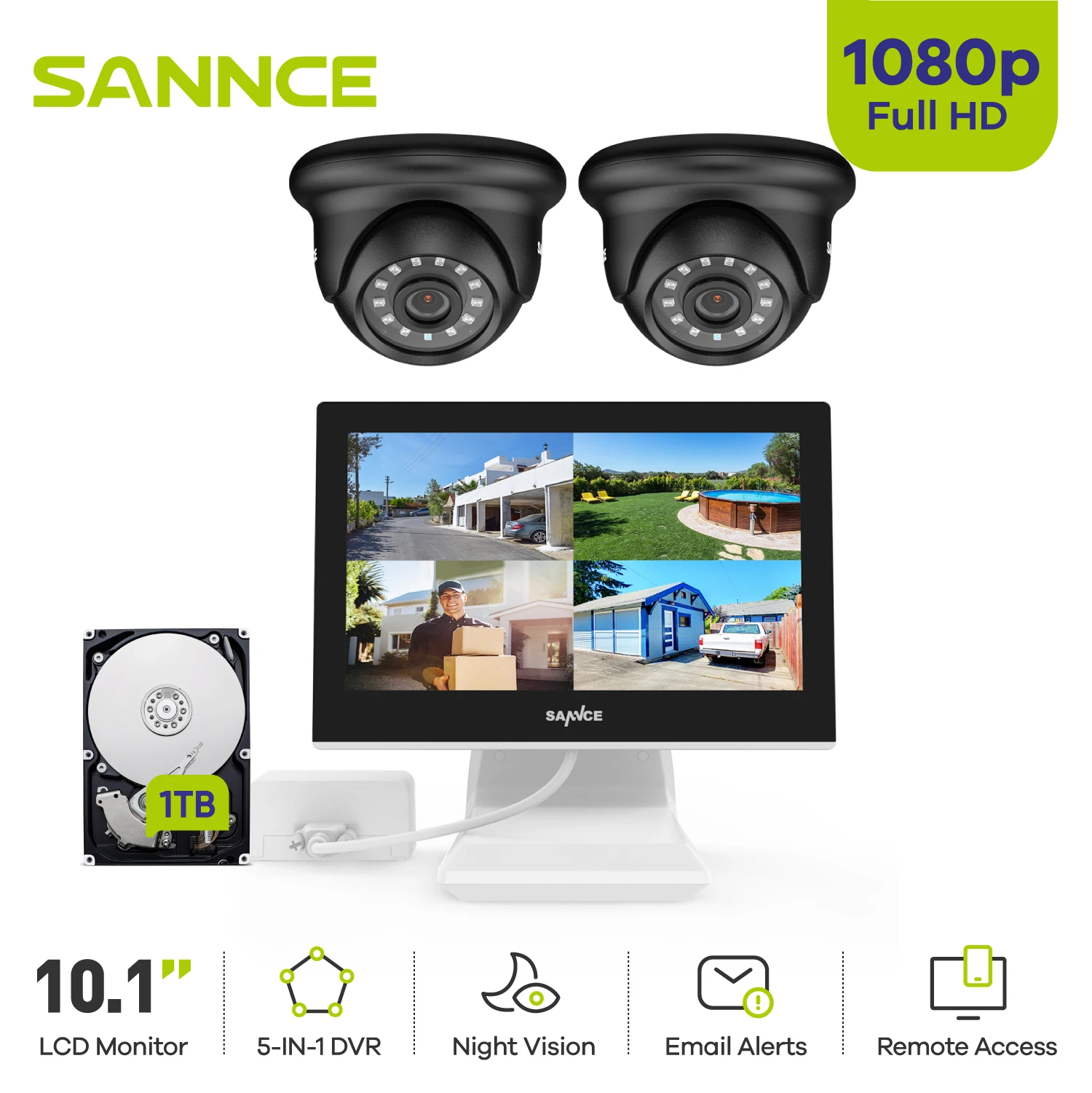 

SANNCE 10.1" LCD Monitor Security Camera Kit 4CH 5 in1 DVR Home Night Vision Waterproof Remote Monitor CCTV Surveillance System