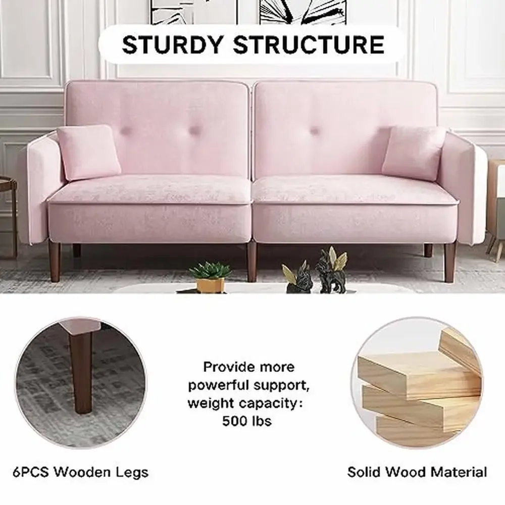 Modern Pink Velvet Convertible Sleeper Sofa Bed with Wood Legs and Memory Foam 75" Futon Loveseat Small Spaces and Studio