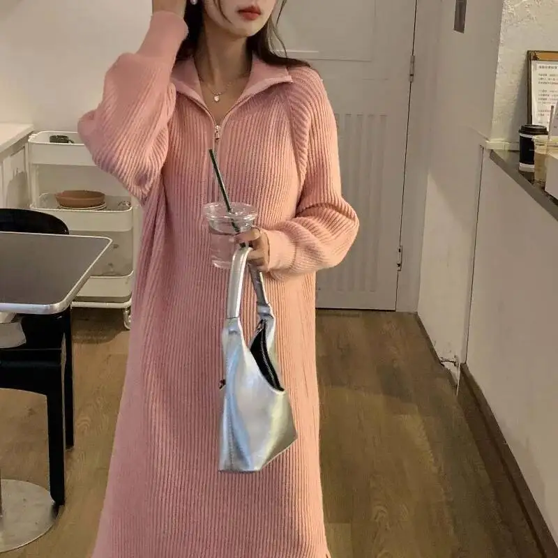 Women's Knitting Dress 2026 Spring Turtleneck Knit Dress Zip Up Thickened Mid Length Over Knee Loose Inner Wear