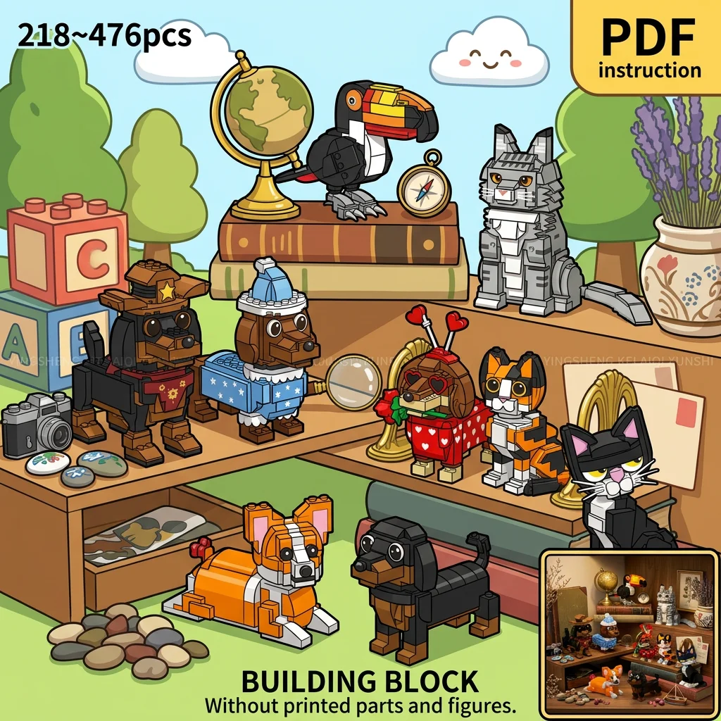

MOC Classic Pet Animal Figure Building Blocks Corgi Dachshund Cat Puppy Display Model Desk Decor Adult Brick Set