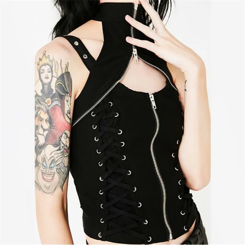 ORANDESIGNE Chaleco De Mujer Con Corsé Cruzado – Estilo Y2K, Sin Mangas, Botones, Corte Entallado, Negro