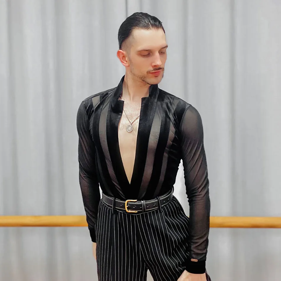 

Men Mesh Latin Dance Bodysuit V Neck Male Practice Clothes Stripe Tops Ballroom Waltz Modern Performance Dancewear DL945