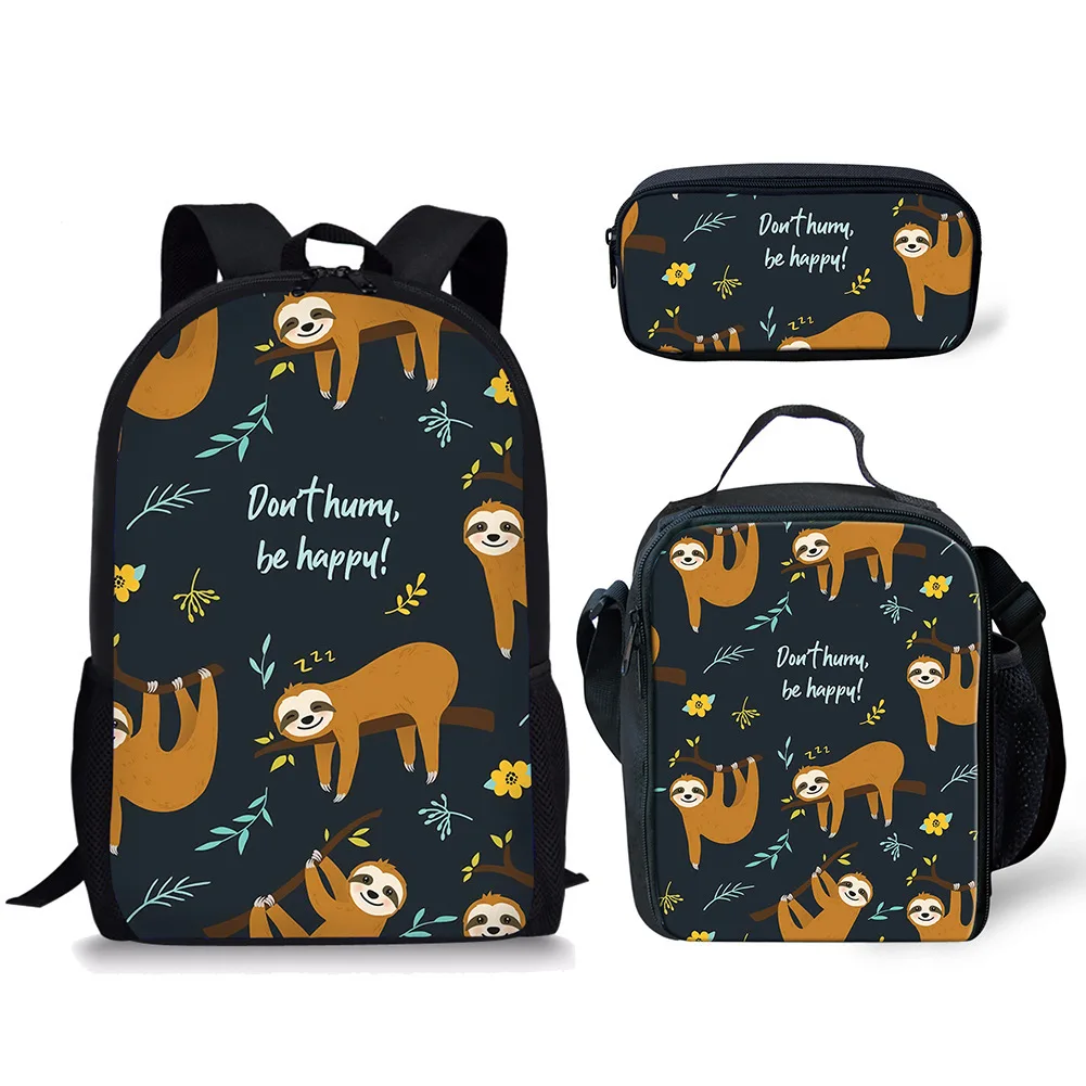 Tas punggung motif Sloth Lucu Kawaii 3 buah/set tas sekolah pelajar laki-laki perempuan tas makan siang tas pena penyimpanan harian remaja ransel