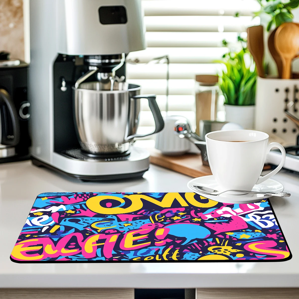 Coffee Cup Drying Mat Doodle Irregular Non-slip Absorbent Mat Diatoms Tableware Kitchen Counter Drain Mat Coffee Bar Drain Mats