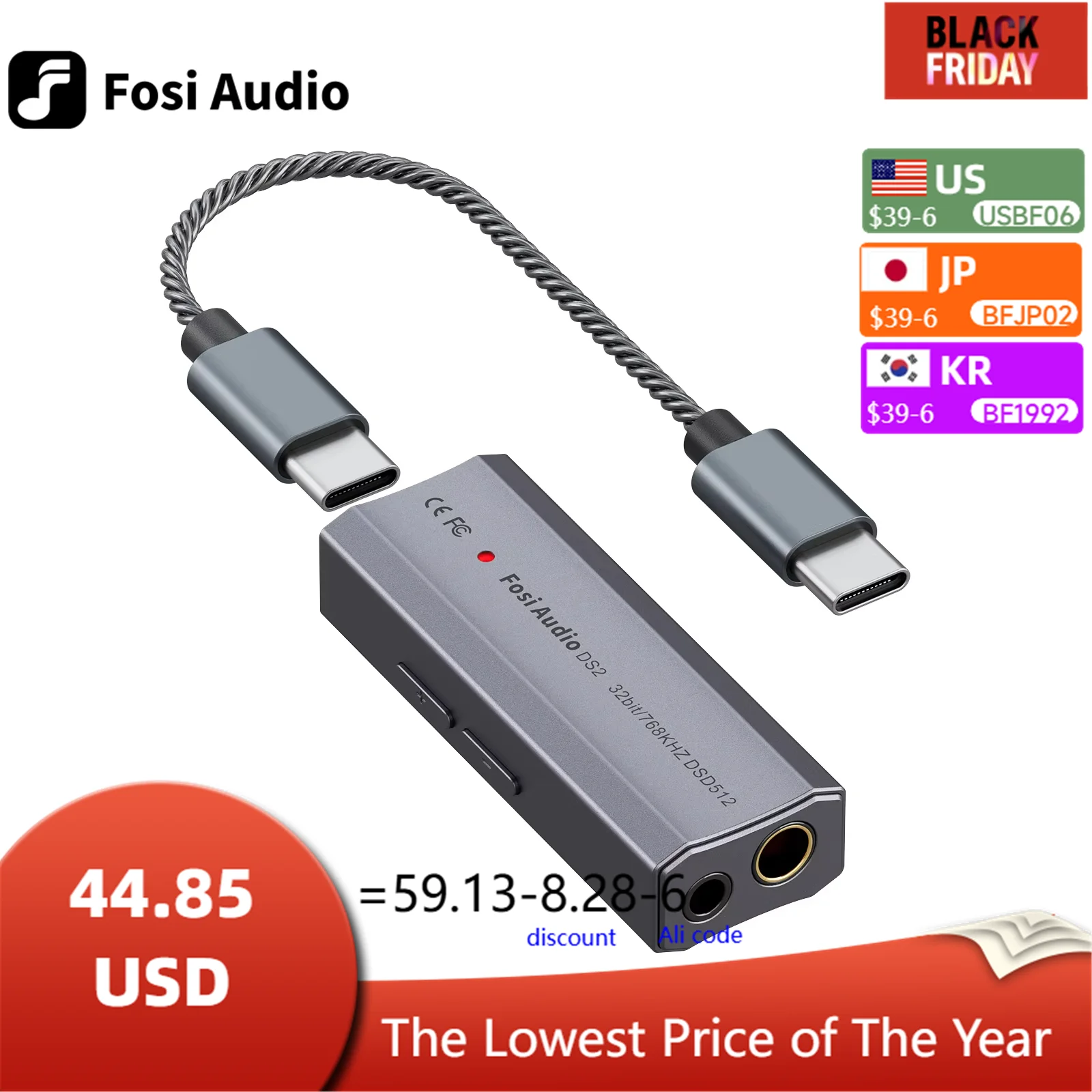 2024 New Fosi Audio DS2 Dual CS43131 Portable USB DAC & AMP Headphone Amplifier Portable Dongle DSD512 32Bit/768 Dual Outputs