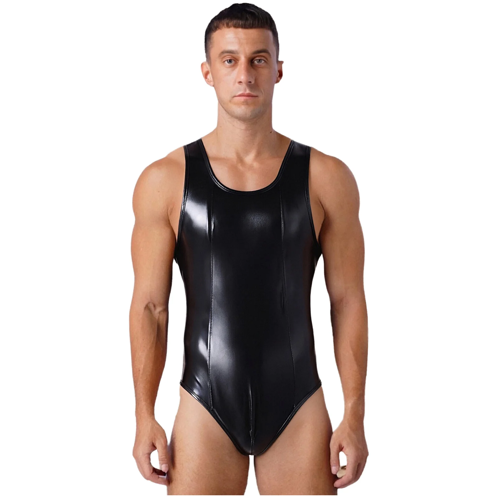 

Men Glossy T-back Black Bodysuit Sleeveless Bulge Pouch One-piece Leotard Jumpsuit for Nightclub Yoga Raves Pool Party Beachwear