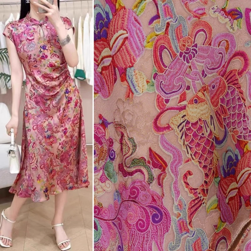 

100x145cm Pink Flower Rose Jacquard Fabric Double Fish Lion Qilin Xiangyunsha New Chinese-style Cheongsam Dress Top Fabric