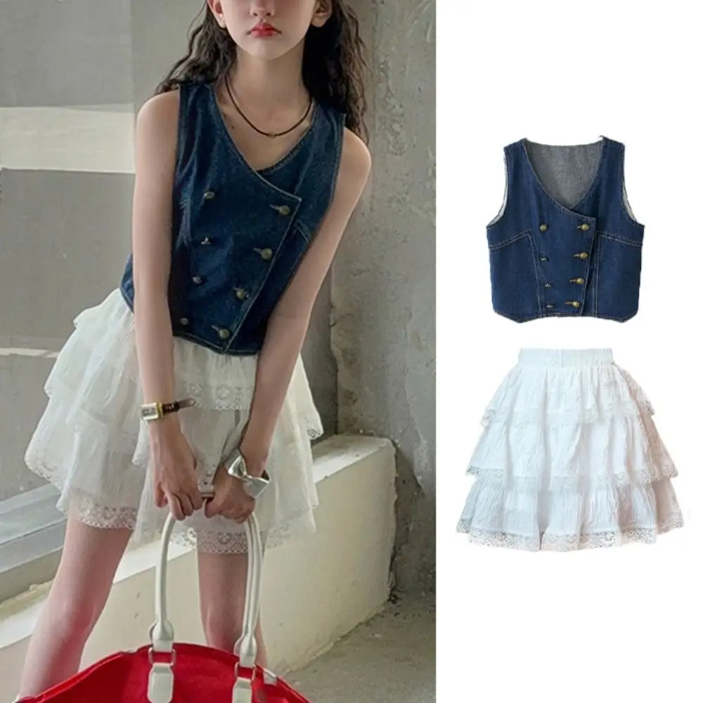 

Ins Cowboy Vest Girls Sweet Clothes Set Loose Lace Vest Cake Skirt Set Children Clothing Teens Two Pieces Suit Spring Summer