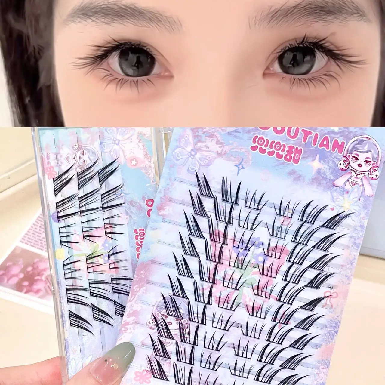 Doudoutian Cool Cat Slanted False Lashes Thin Clear Band Soft Fluffy Cat Eye Lashes Lightweight for Daily Dating Beginner Makeup