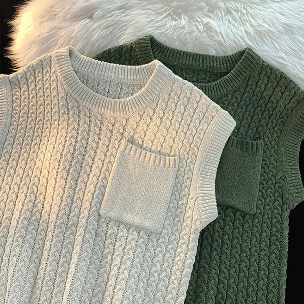 

Men Sweater Vest Knitted Solid Color Long Sleeves Round Neck Loose Keep Warm Casual Preppy Style Pullover Sweater Vest for Daily