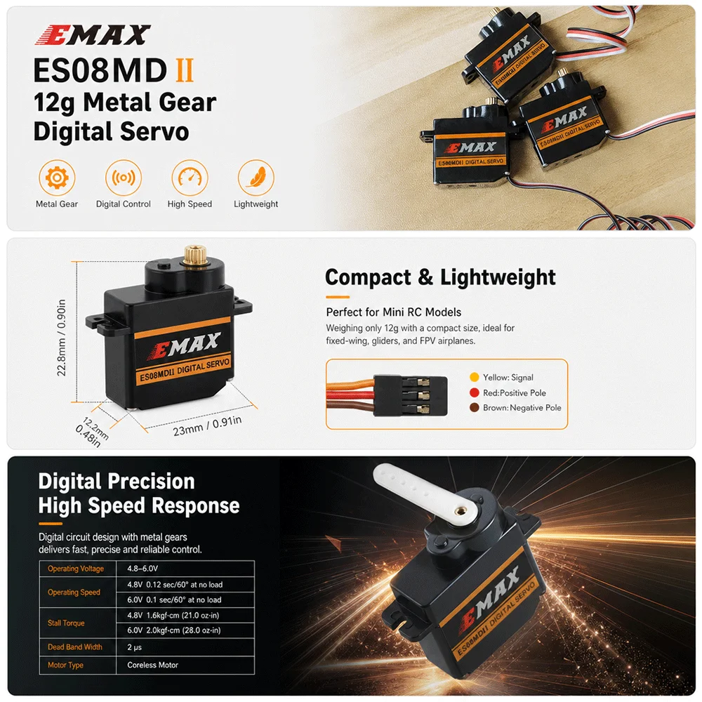 EMAX ES08MD II Mini Metal Digital Servo 12g High-Speed Gear for FPV RC Airplane Fixed-Wing Model - Gift Quality Digital Servo