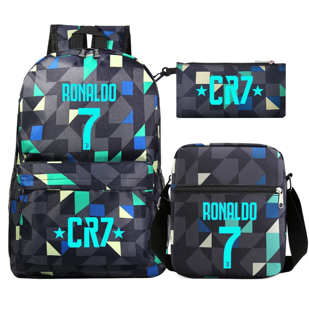 Mochila escolar grande impermeável para mulheres, bolsas de ombro para estudantes adolescentes, CR7, tendência da moda, 3 peças