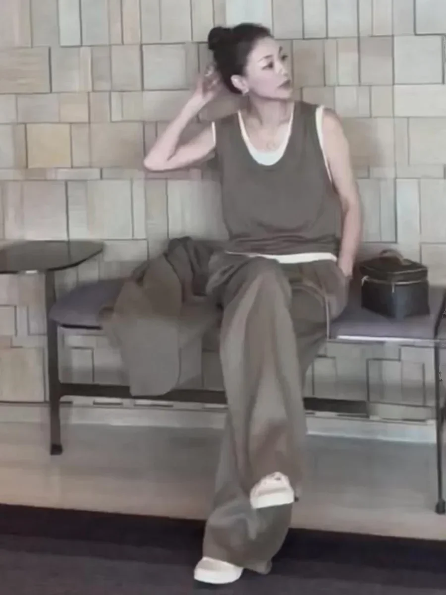 

Woman Elegant 2-Piece Pant Sets Casual Vest and Pants Sets Sleeveless Tops Suits 2pcs Outfits Wide Leg Trouser Sets E5416