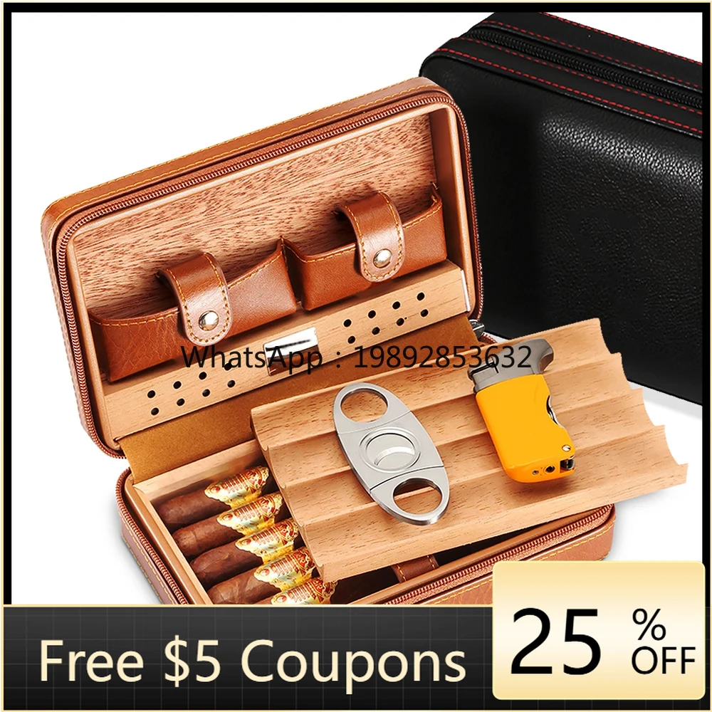

Portable Humidor Cigar Box Travel Cigar Case Leather Cedar Wood Cigar Humidor Box W/ Cutter Lighter Puro Set Accessories