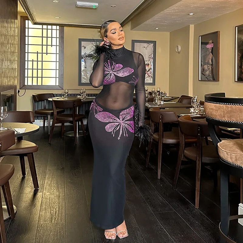

Women Long Sleeve Feather Butterfly Diamonds Mesh See Through Long Maxi Dress 2025 Sexy Party Evening Dresses Vestidos