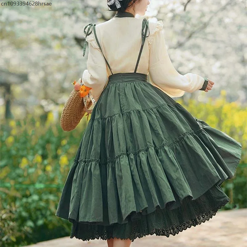 

2025 Summer NEW STYLE High Waisted Lace Up Pleated Skirts Lace Patchwork Skirt Vintage Strap Long Skirt Women