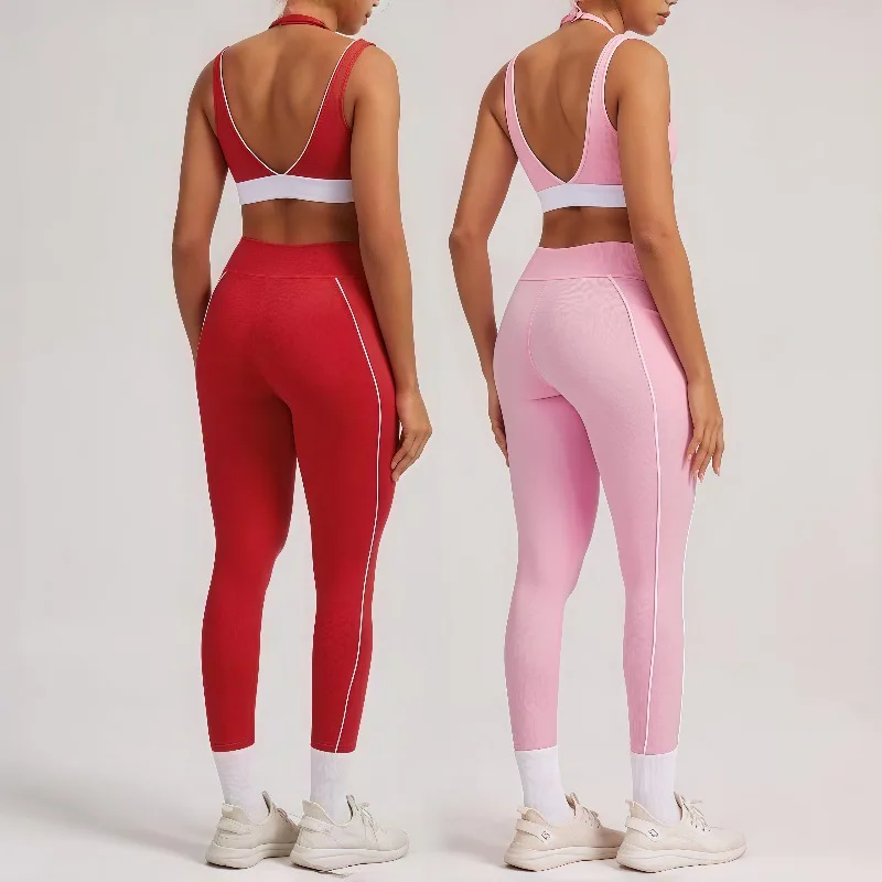 

Женский комплект для йоги из 2 предметов, искусственные двухсекционные шорты для бега в белую полоску с цветными блоками, фитнес-шорты с v-образным вырезом, спортивный бюстгальтер с лямкой на шее, комплект одежды для йоги