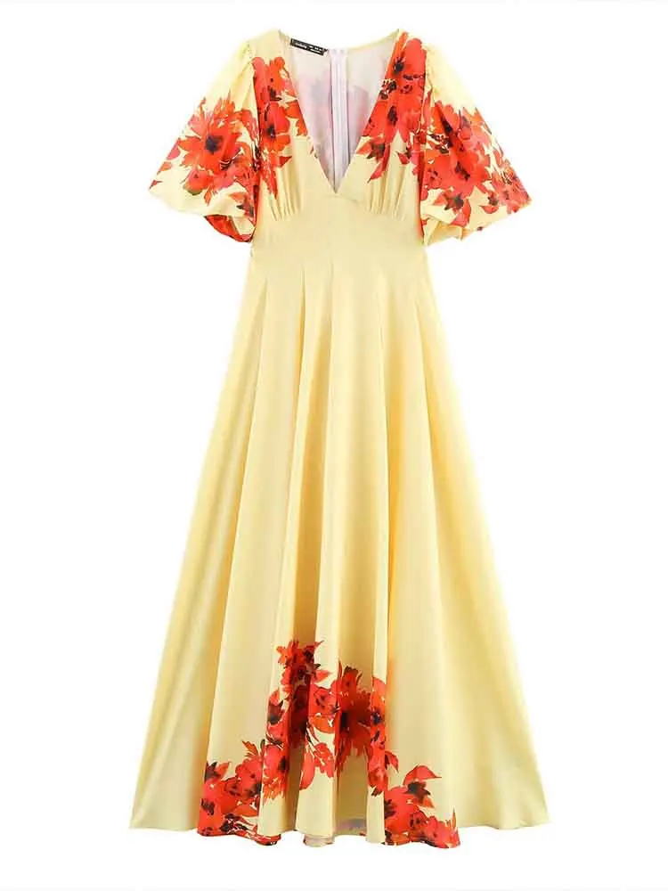 

European style new women's fashion all-match temperament retro positioning printing V-neck lantern sleeve waist dress