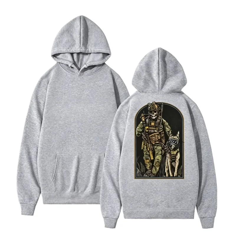 26 Men Military Style Skull Soldier Dog Graphic Hoodie Loose Streetwear Pullover Sweatshirt Casual Long Sleeve Black Hooded Tops