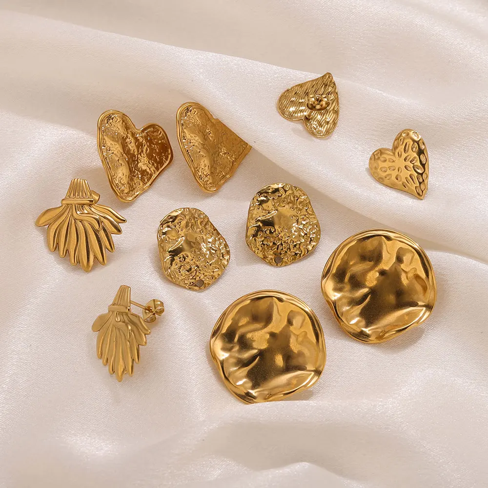 6PCS 18K Gold Vacuum Plated Stainless Steel Textured Sun Heart Leaf Earring Studs Posts Set DIY Jewelry Making Bulk Bases Findin