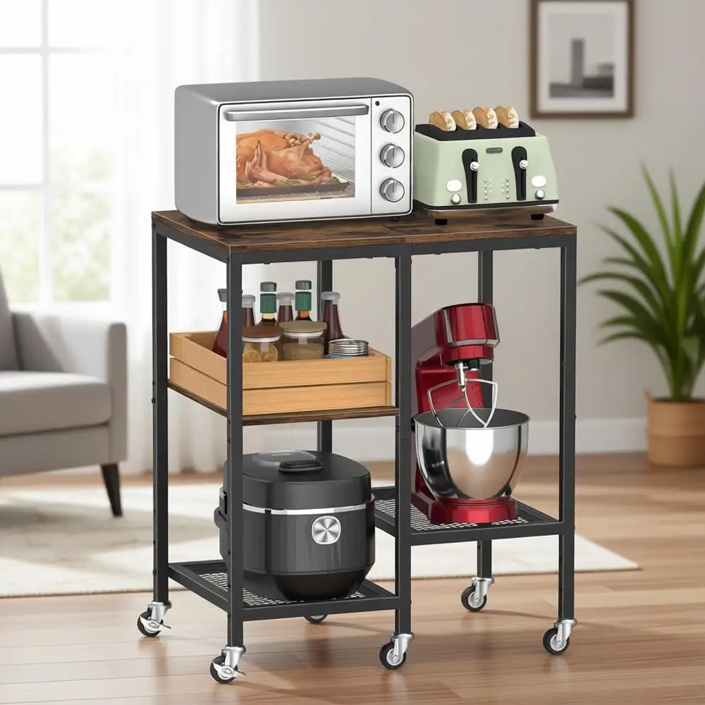 

Rustic Brown Rolling Microwave Cart with Storage and Utility Table for Kitchen and Living Room