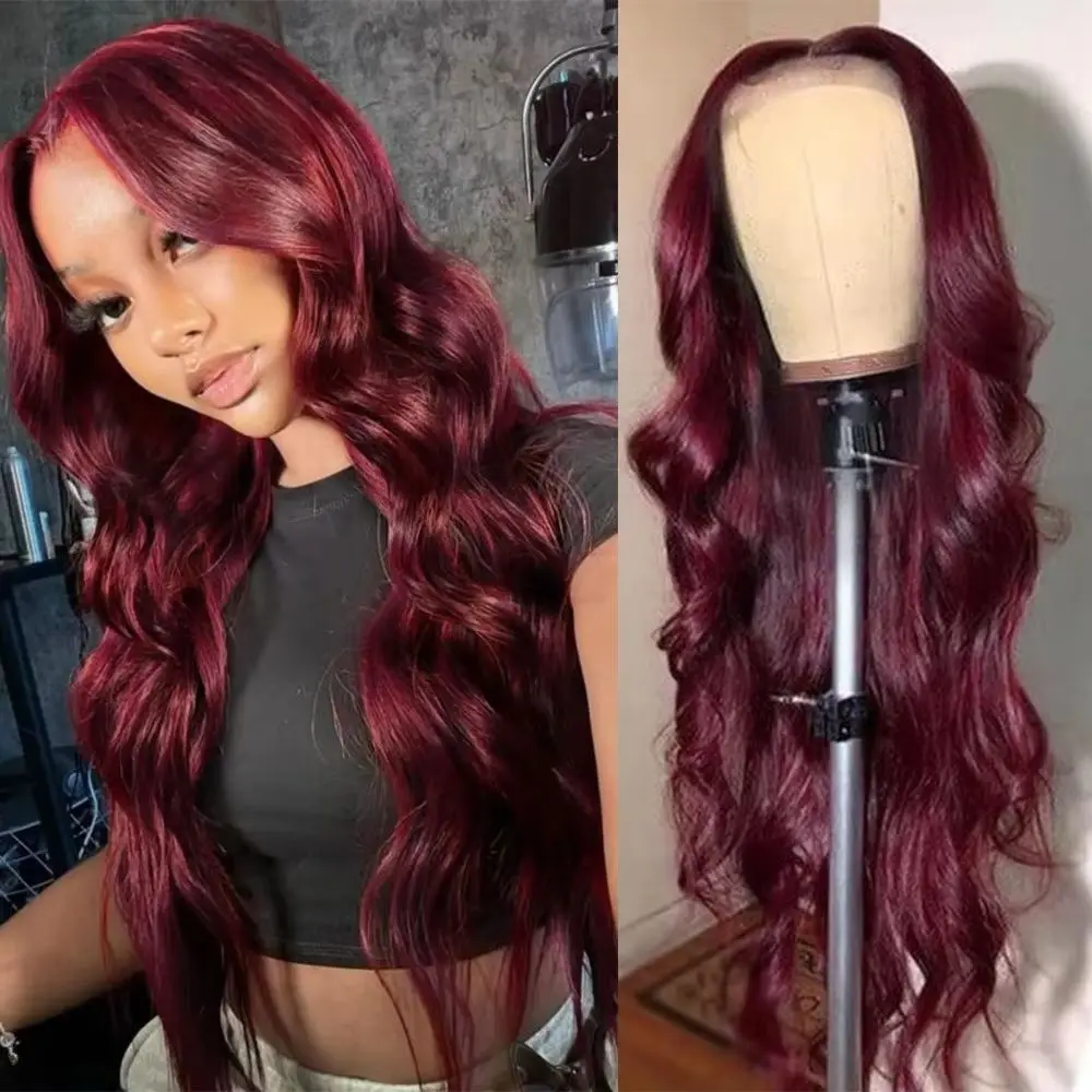 

Цветные парики 99J, бордовые, 200% плотность, волнистые, 13x6 HD кружевной фронтальный парик из натуральных человеческих волос, 30-40 дюймов, для женщин