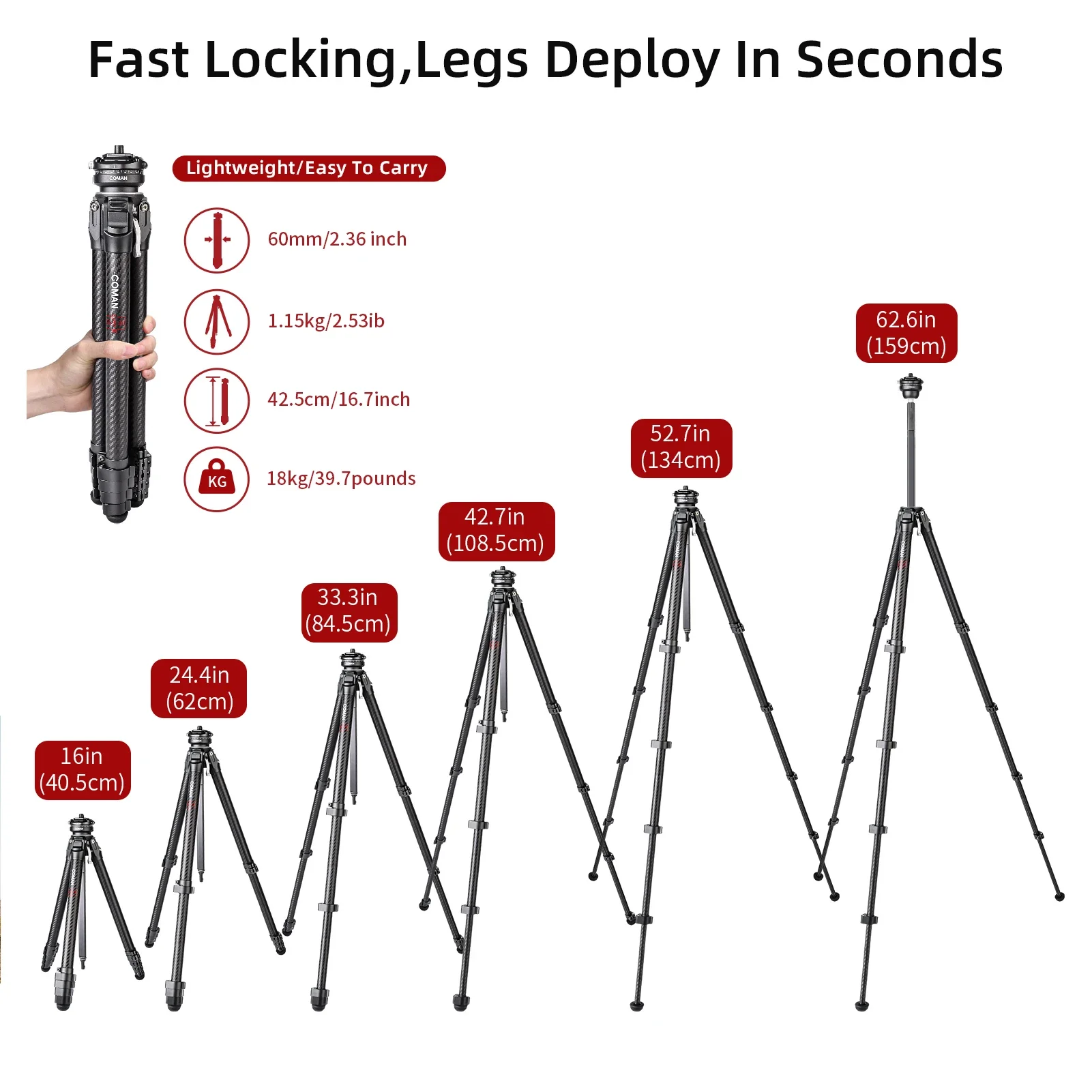 X Y F38 V Dslr Camera Tripod with Vc4 Lamp Holder Pole 1/4 Center Post Carbon Fiber Lightweight Travel Tripod