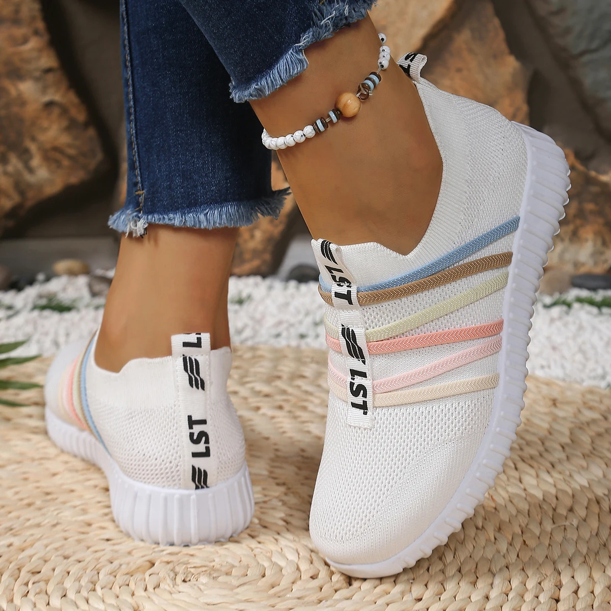 Women's Colorful Stripe Knit Slip-On Sneakers, Breathable Lightweight Shoes,Comfortable Non-slip Walking Trainers, Drop Shipping