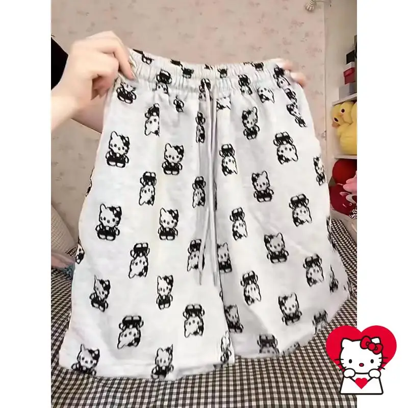Sanrio 귀여운 반바지 헬로 키티 소녀 만화 Drawstring 새로운 스타일 넓은 다리 느슨한 캐주얼 통기성 Kawaii 여자 친구를위한 선물