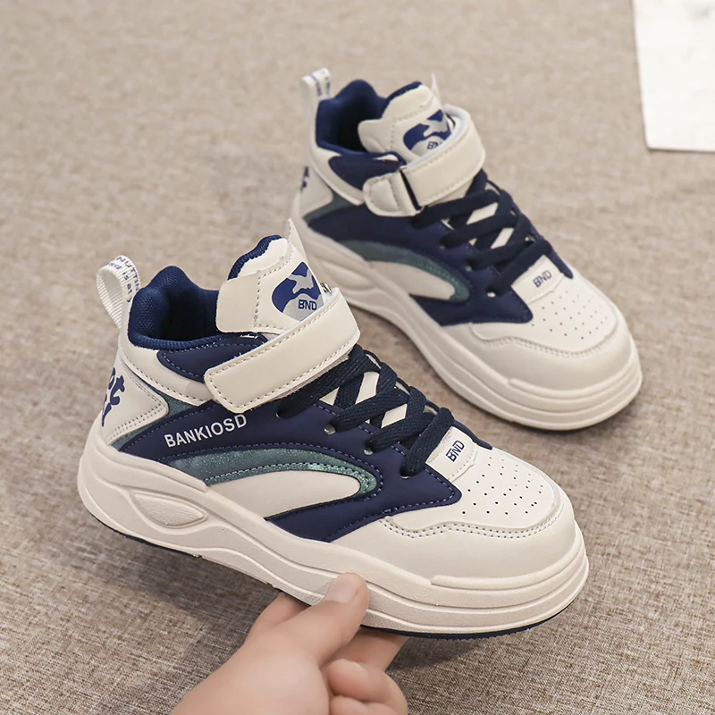 

2025 new children's high top board shoes CUHK children light fried street boys sneakers Velcro leather shoes for boys