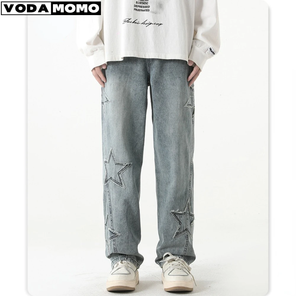 

Star jeans patch jeans men's 2024 new summer high street vibe pants men straight loose mop the floor wide-legged y2k pants men