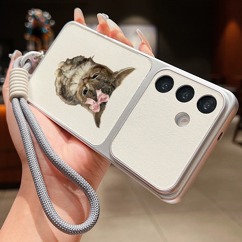 Cartoon Cat Print Leather Texture Phone Case For Samsung Galaxy S26 Ultra S25 S24 FE S23 S22 Plus Wrist Strap Lanyard TPU Cover