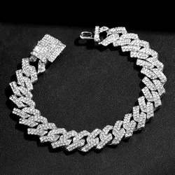 7/8/9inch 14MM Rhombus Cuban Chain Bracelets Women Men Iced Out Silver Color Prong Cuban Link Chain Bracelet Wristband Jewelry