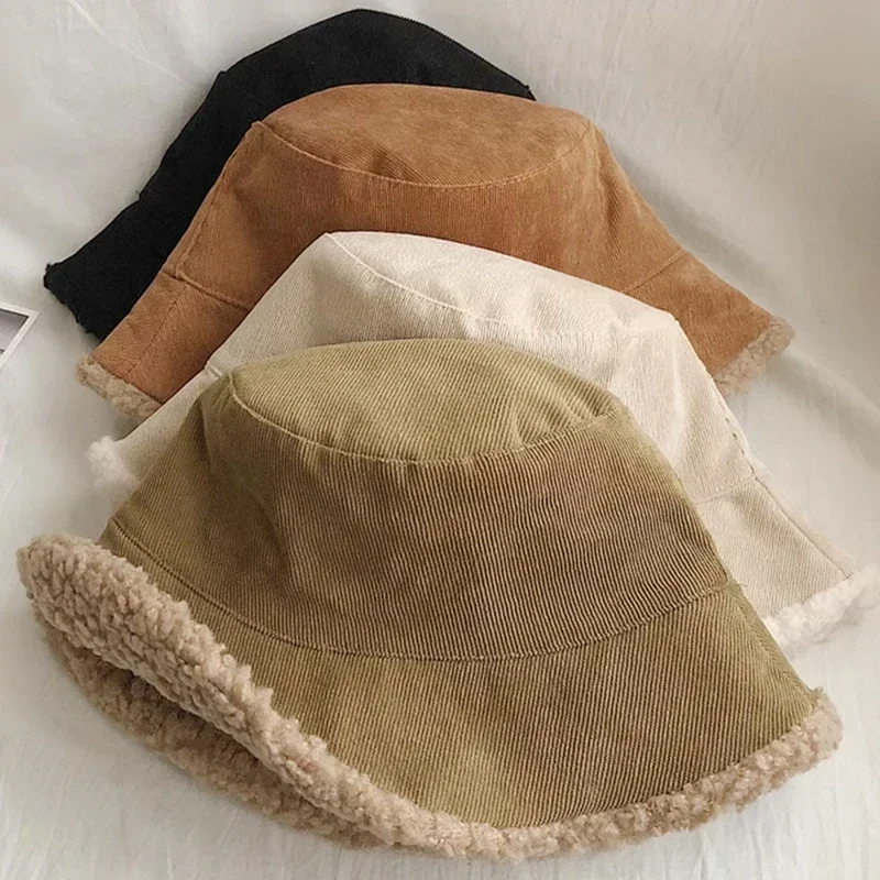 Autumn Winter Warm Bucket Hat Solid Fisherman Hat Corduroy Beanies Hats Reversible Hip-Hip Cap Soft Suede Lamb Wool Hunting Hat