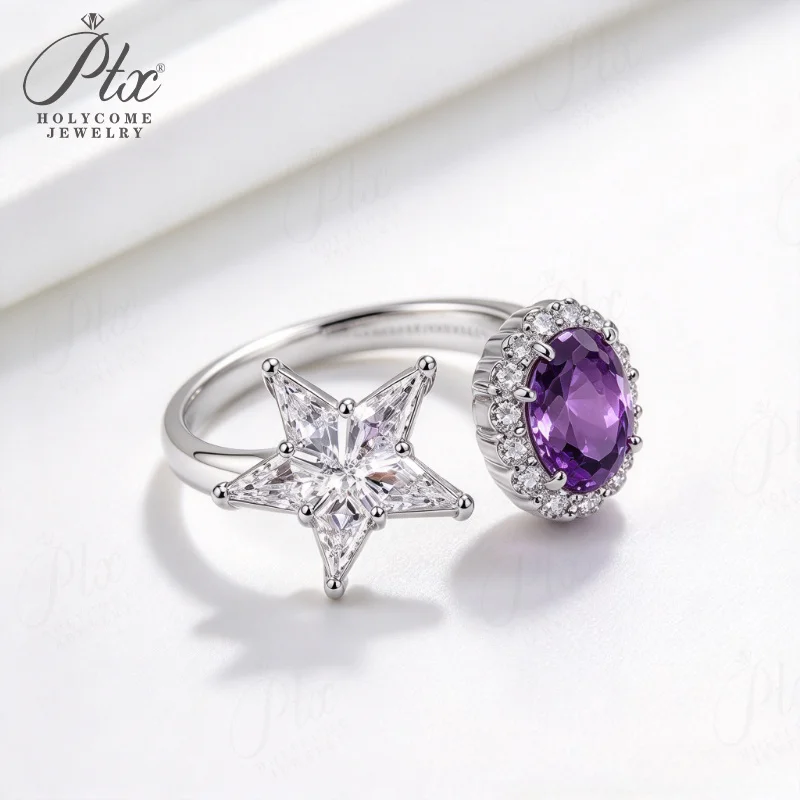 S925 Sterling Silver Open Ring Star Shape Oval Lab Purple Sapphire Ring Vintage Adjustable Statement Fine Jewelry for Women