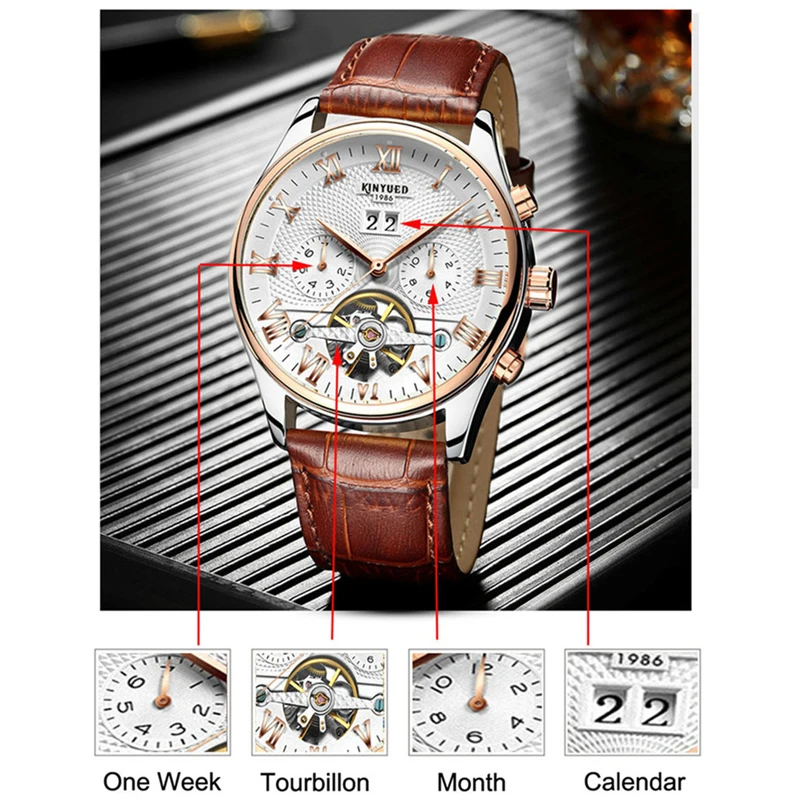 KINYUED أزياء رجالي فاخرة العلامة التجارية الأصلية توربيون ساعات آلية رجالية جلدية مقاوم للماء التلقائي التناظرية ساعة للرجل