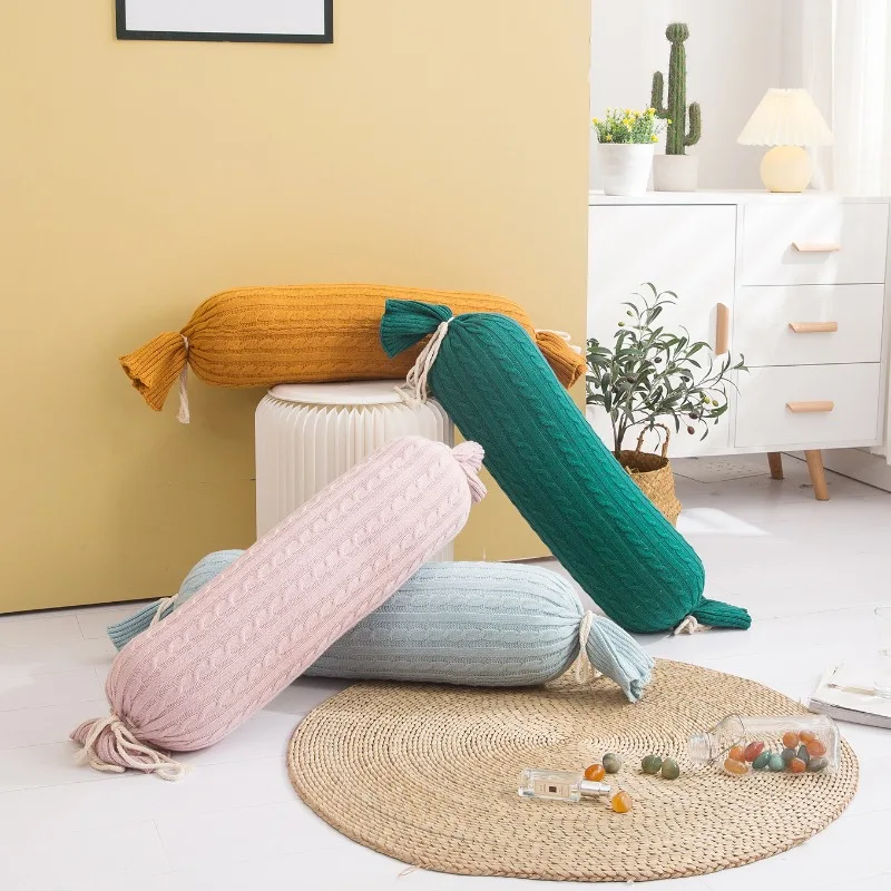 Cable Knit Candy Bolster Pillow Polyester Long Strip Cylinder Cushion Decorative Sofa Bed Leg Support Throw Pillow Home Decor